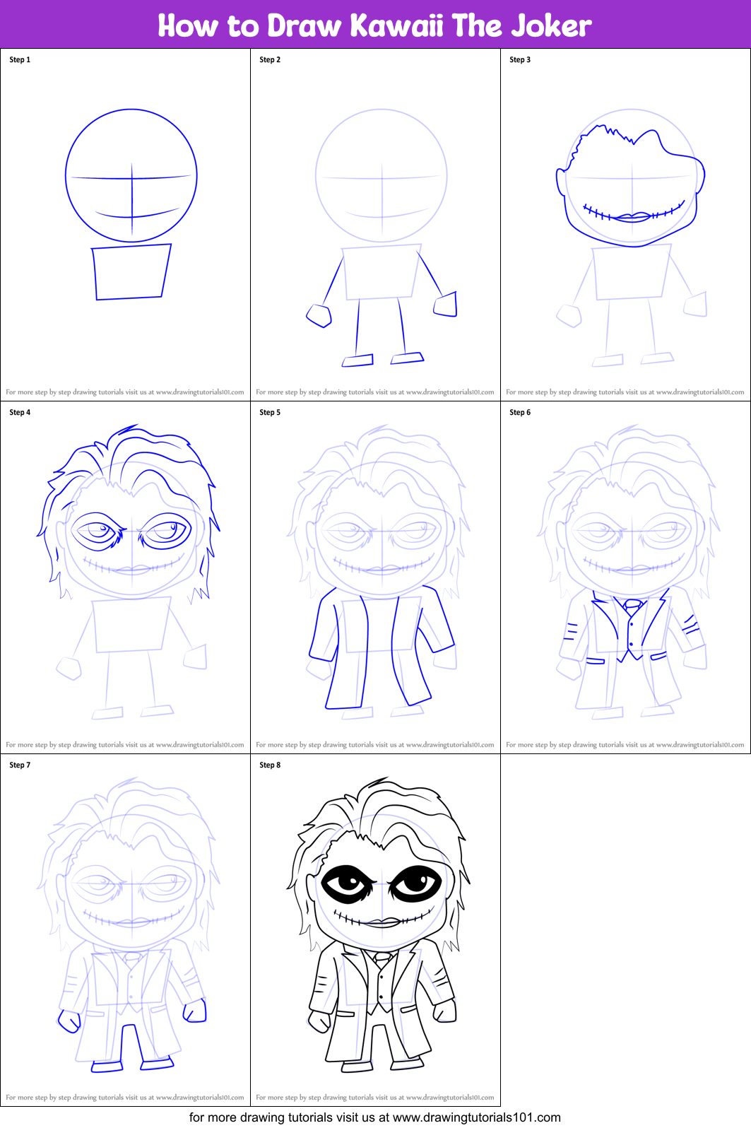 How to Draw Kawaii The Joker printable step by step drawing sheet