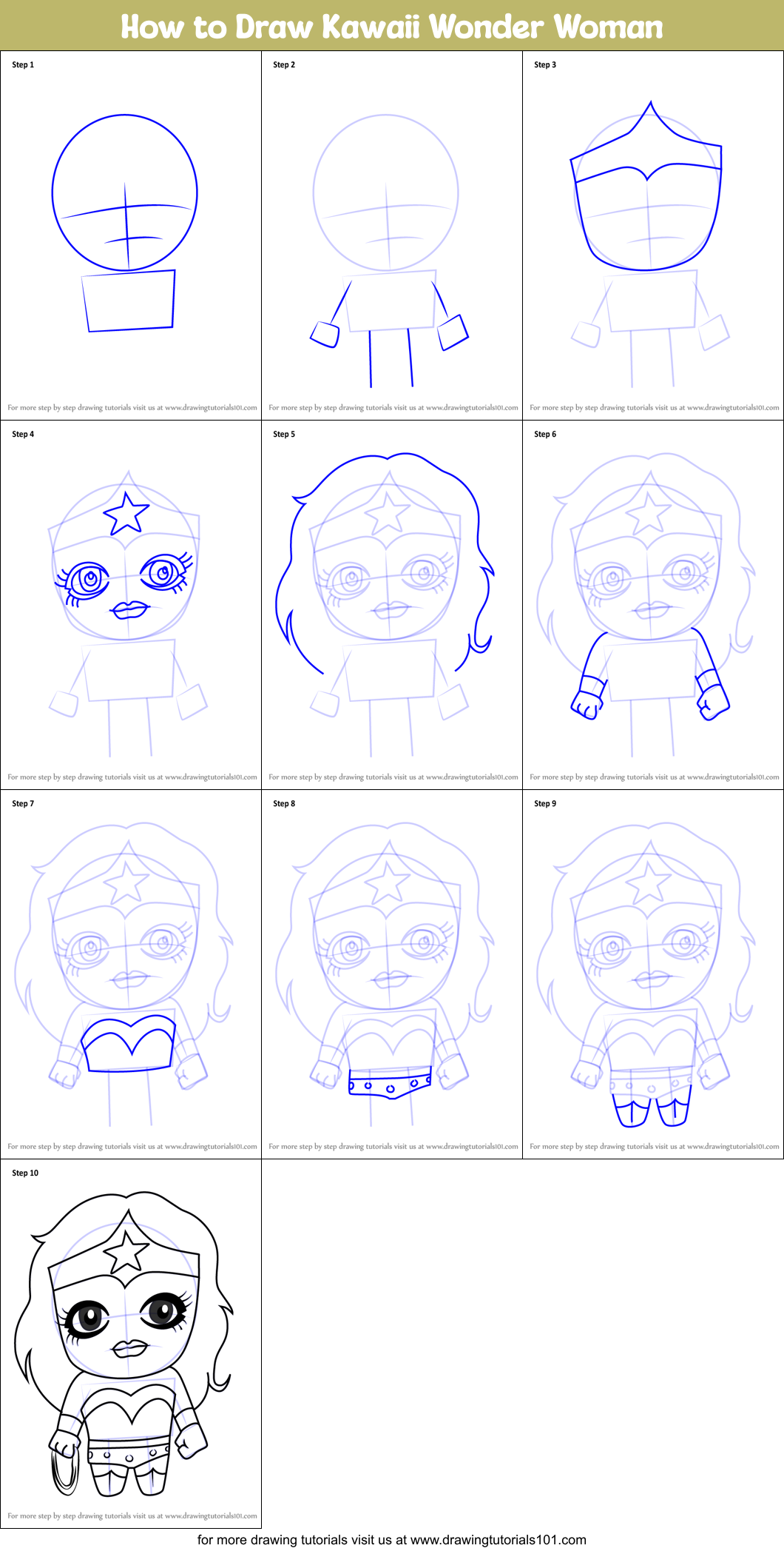 How to Draw Kawaii Wonder Woman Printable Step by Step