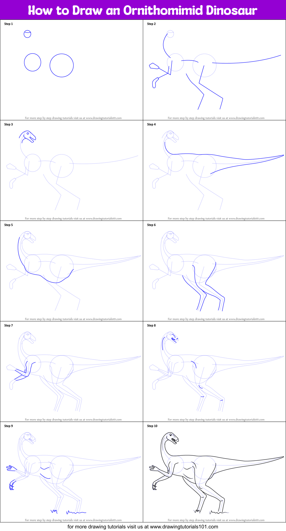 How to Draw an Ornithomimid Dinosaur Printable Step by Step