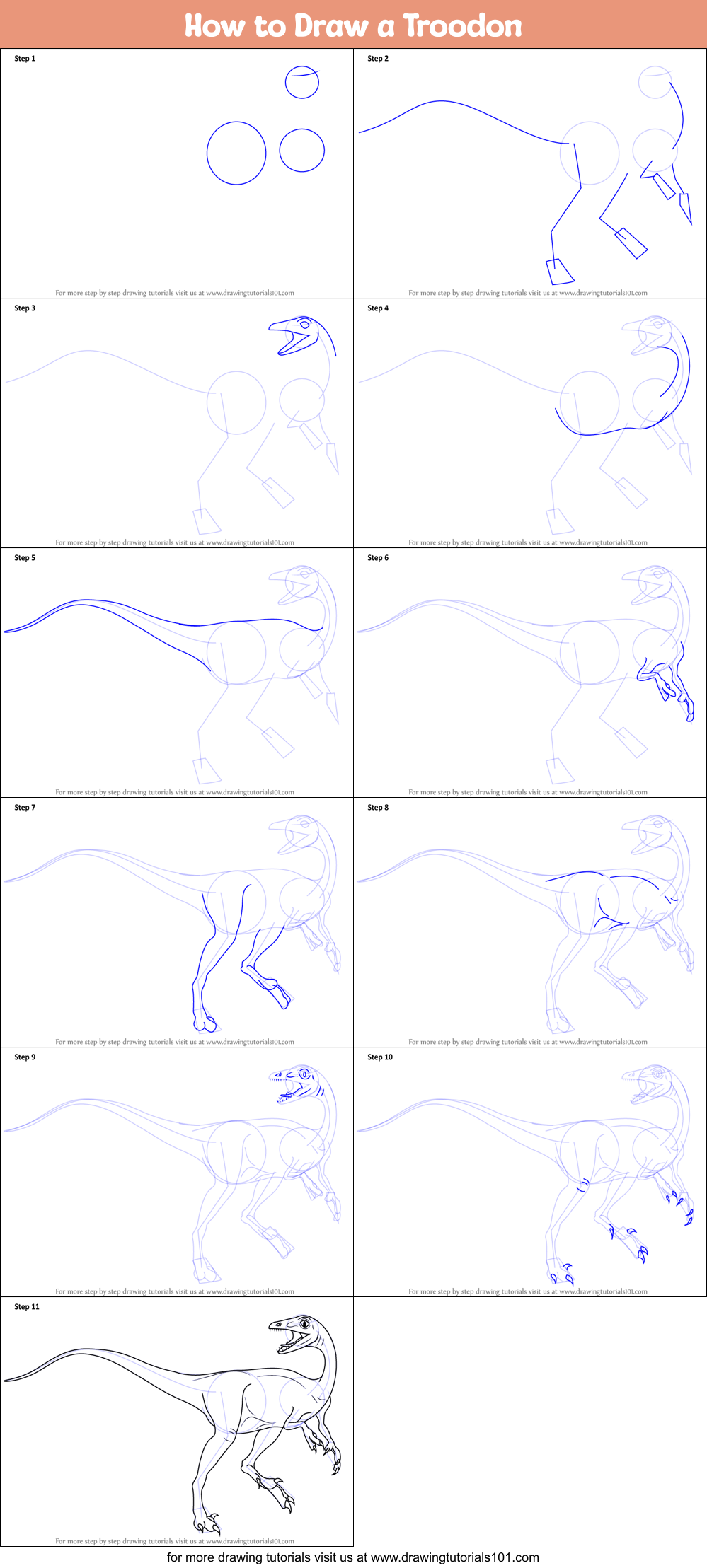 How to Draw a Troodon Printable Step by Step