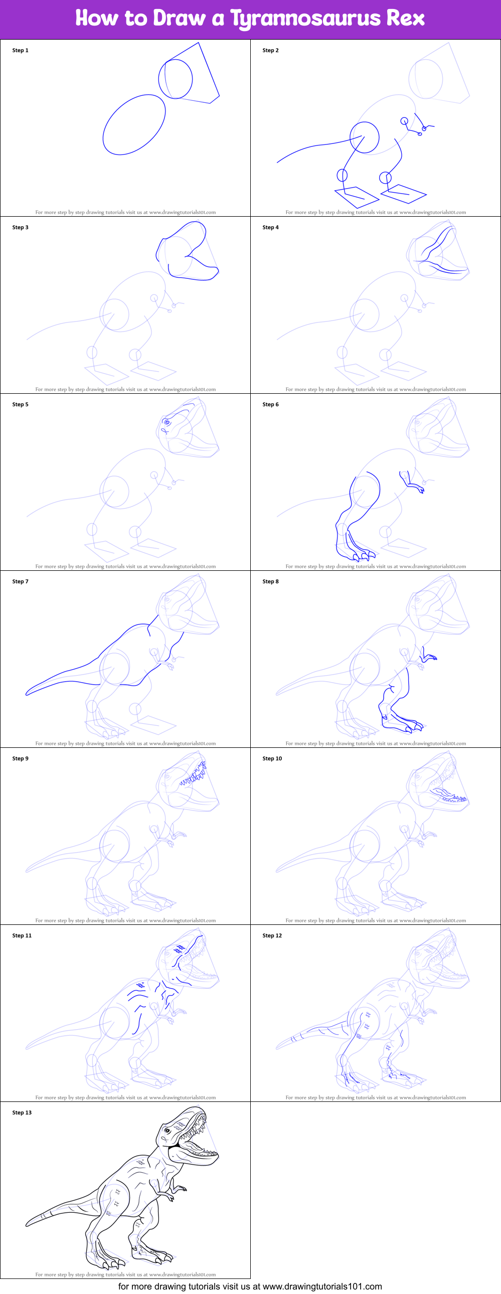 How to Draw a Tyrannosaurus Rex printable step by step drawing sheet