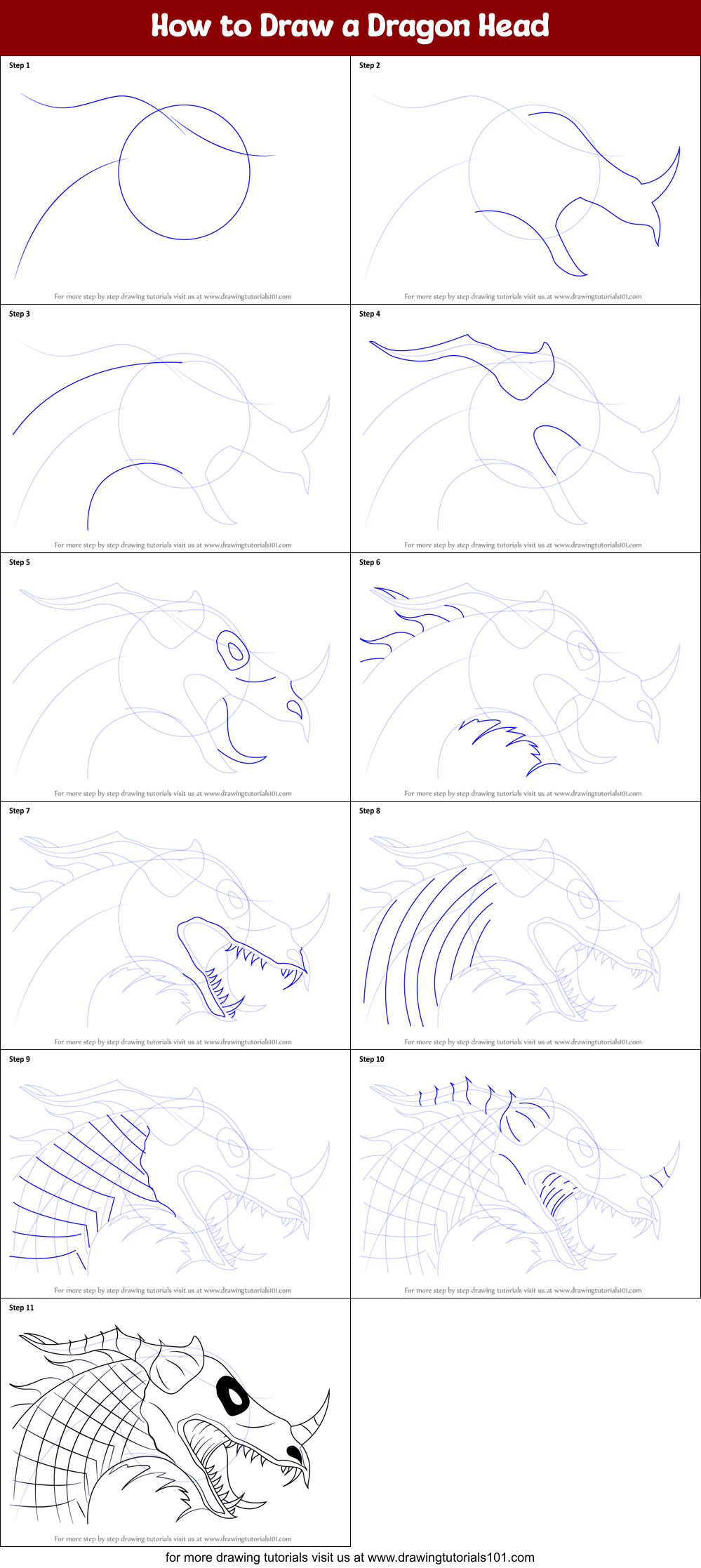 How to Draw a Dragon Head printable step by step drawing sheet