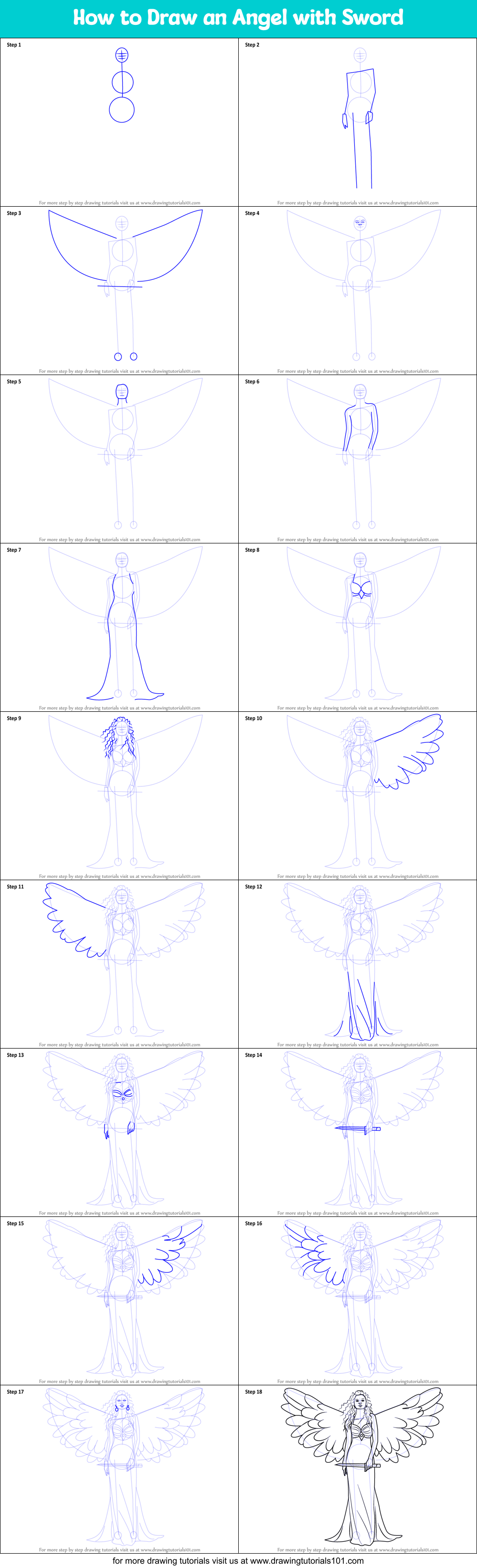 How to Draw an Angel with Sword Printable Step by Step