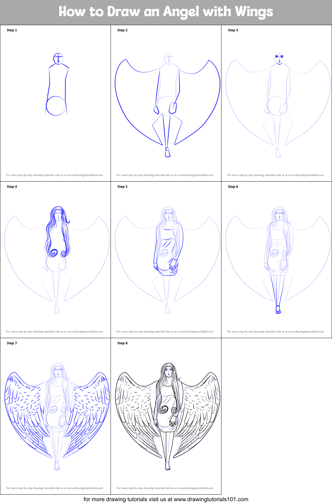 How to Draw an Angel with Wings printable step by step drawing sheet