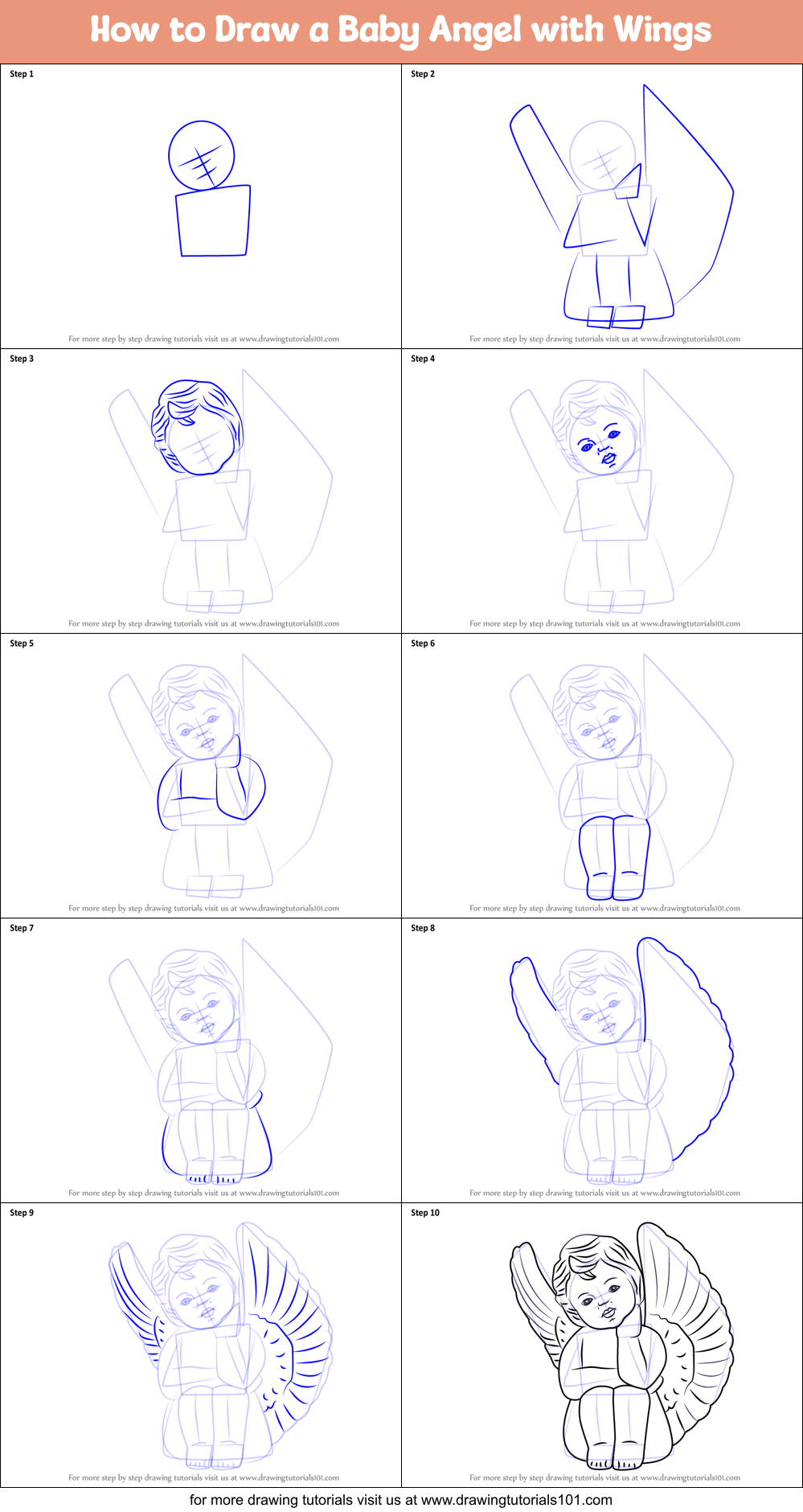 How to Draw a Baby Angel with Wings printable step by step drawing