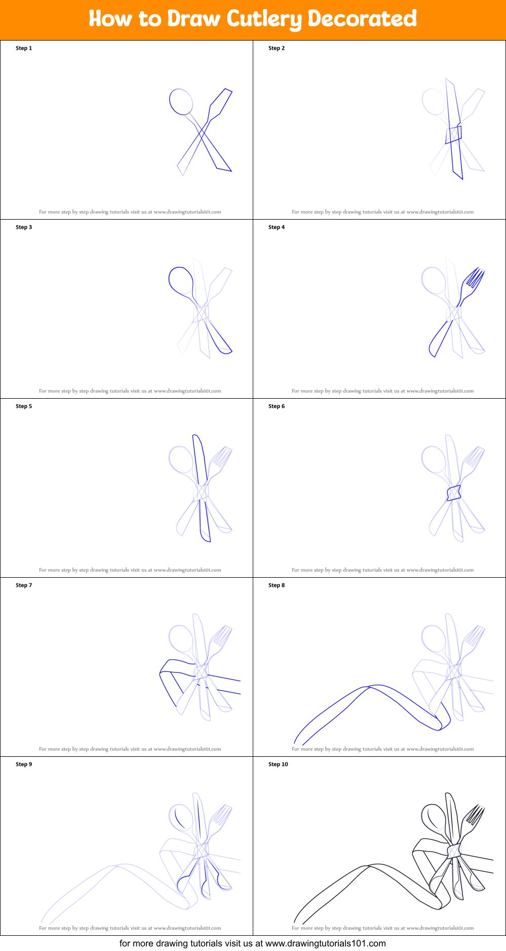 How to Draw Cutlery Decorated Printable Step by Step
