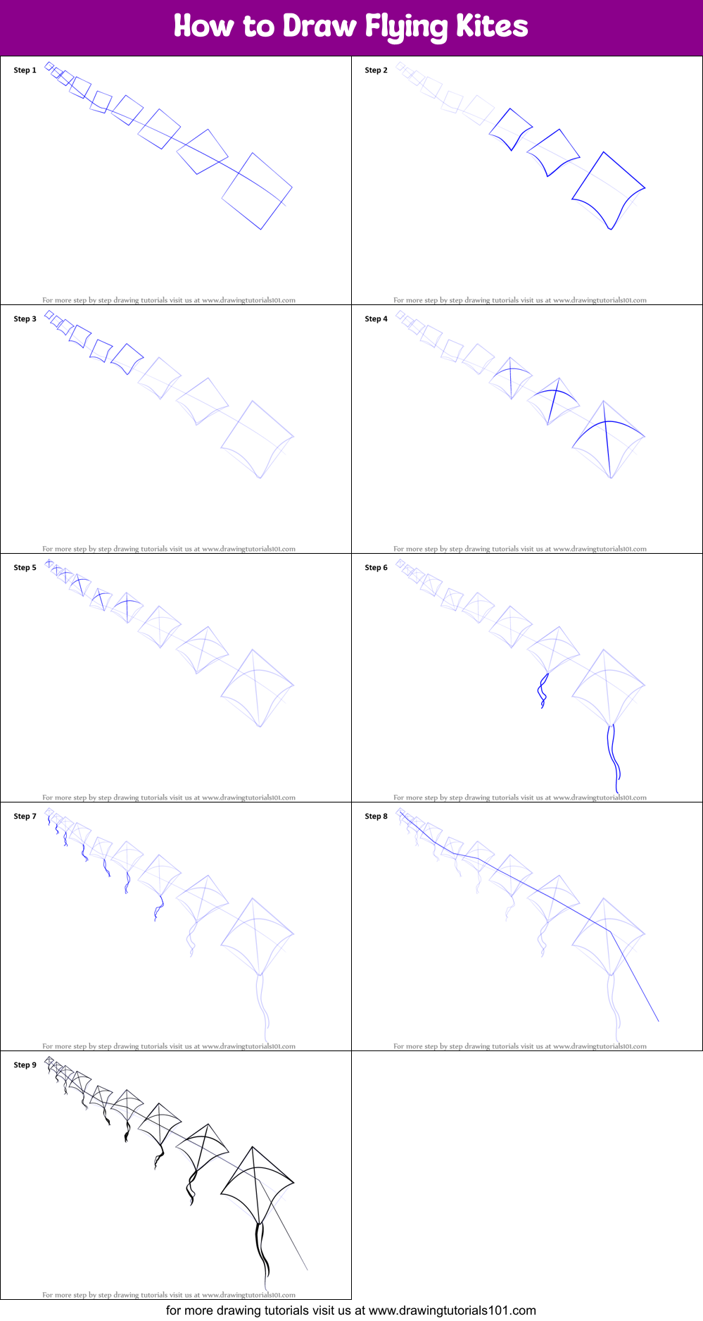 How to Draw Flying Kites Printable Step by Step
