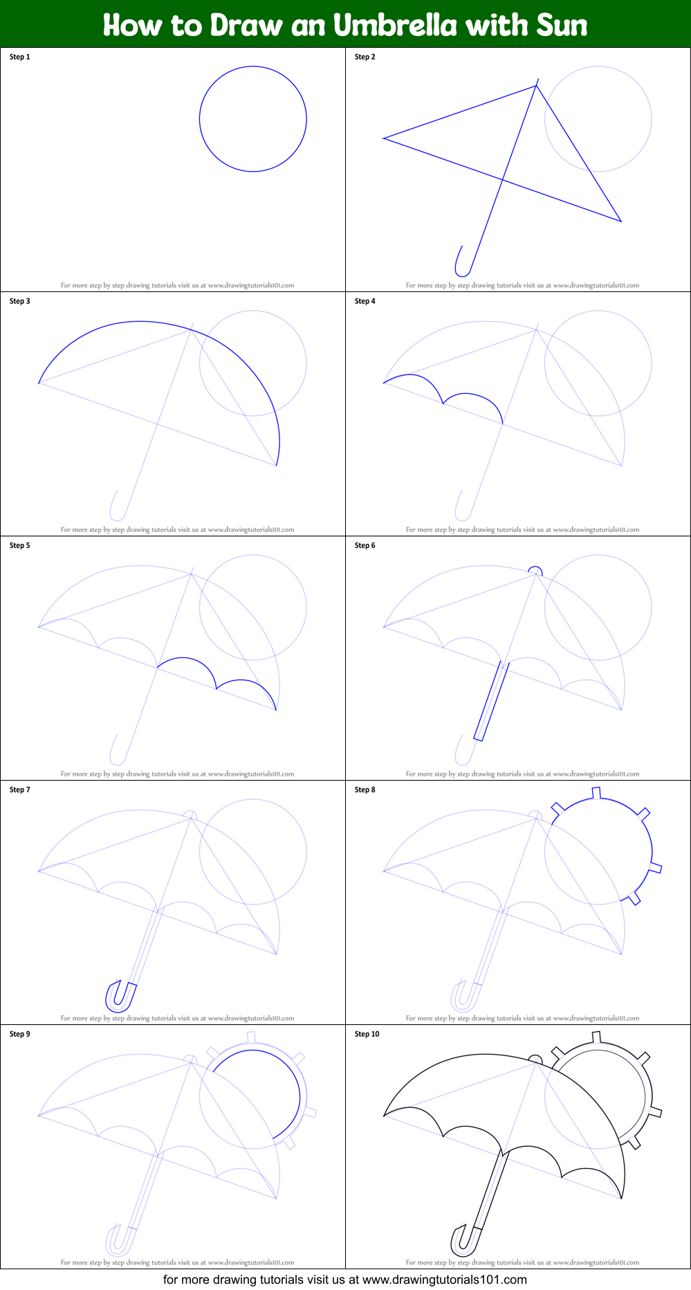 How to Draw an Umbrella with Sun Printable Step by Step