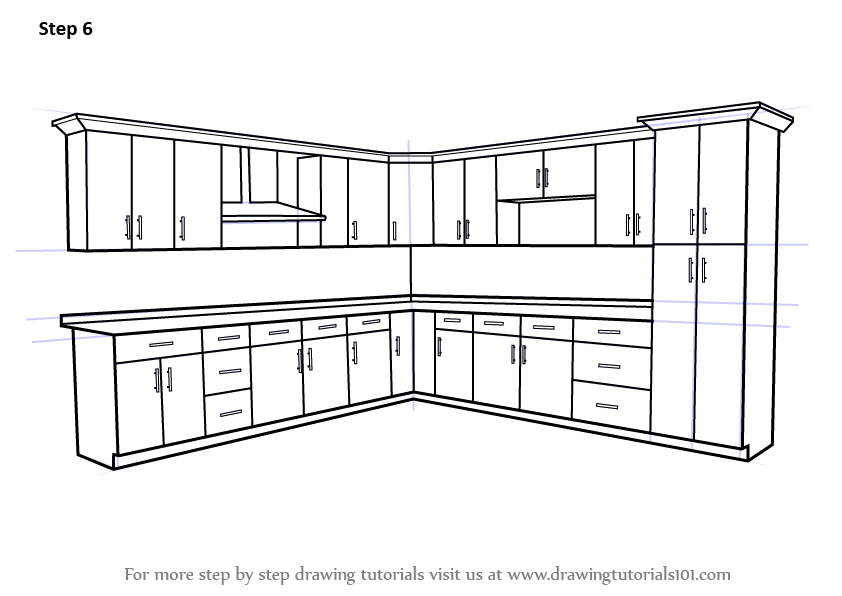 Learn How to Draw Kitchen Cabinets (Furniture) Step by Step : Drawing