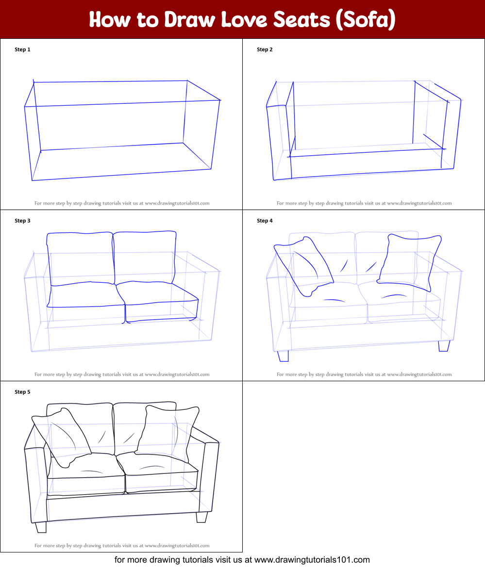 How to Draw Love Seats (Sofa) Printable Step by Step