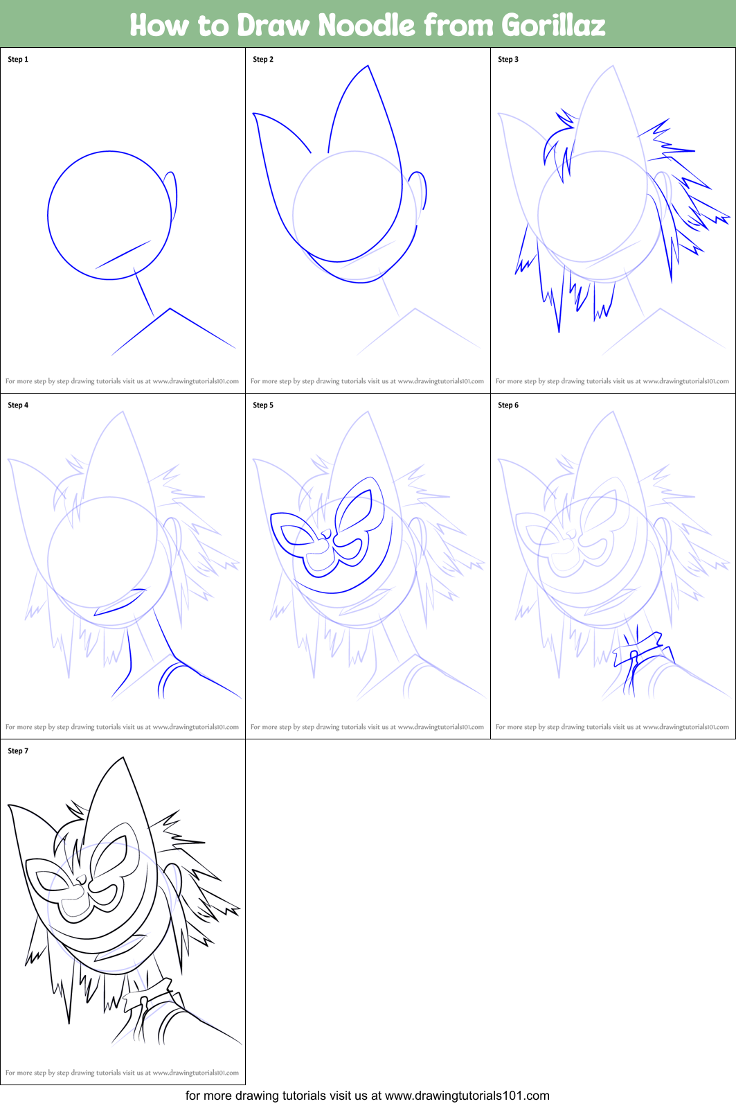How to Draw Noodle from Gorillaz Printable Step by Step