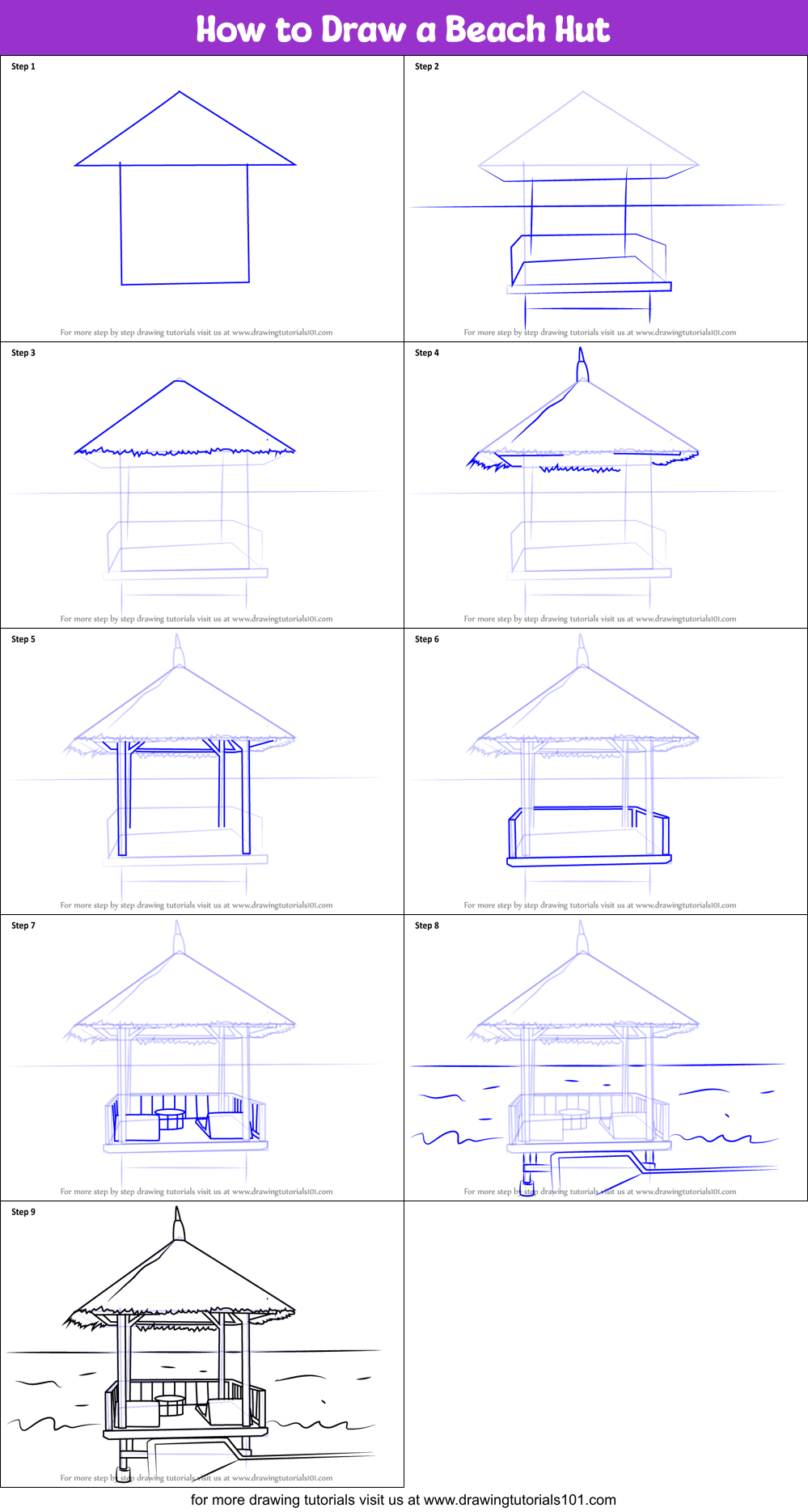 How to Draw a Beach Hut Printable Step by Step