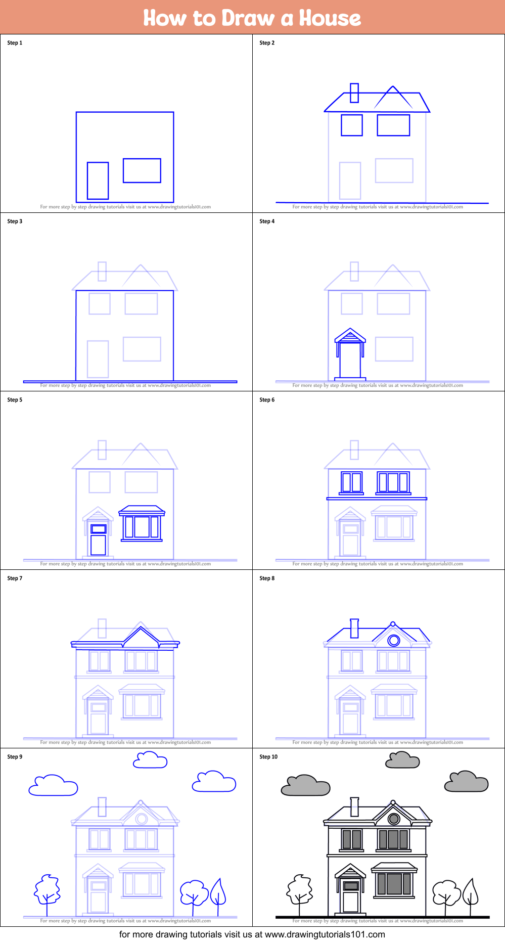 How to Draw a House printable step by step drawing sheet