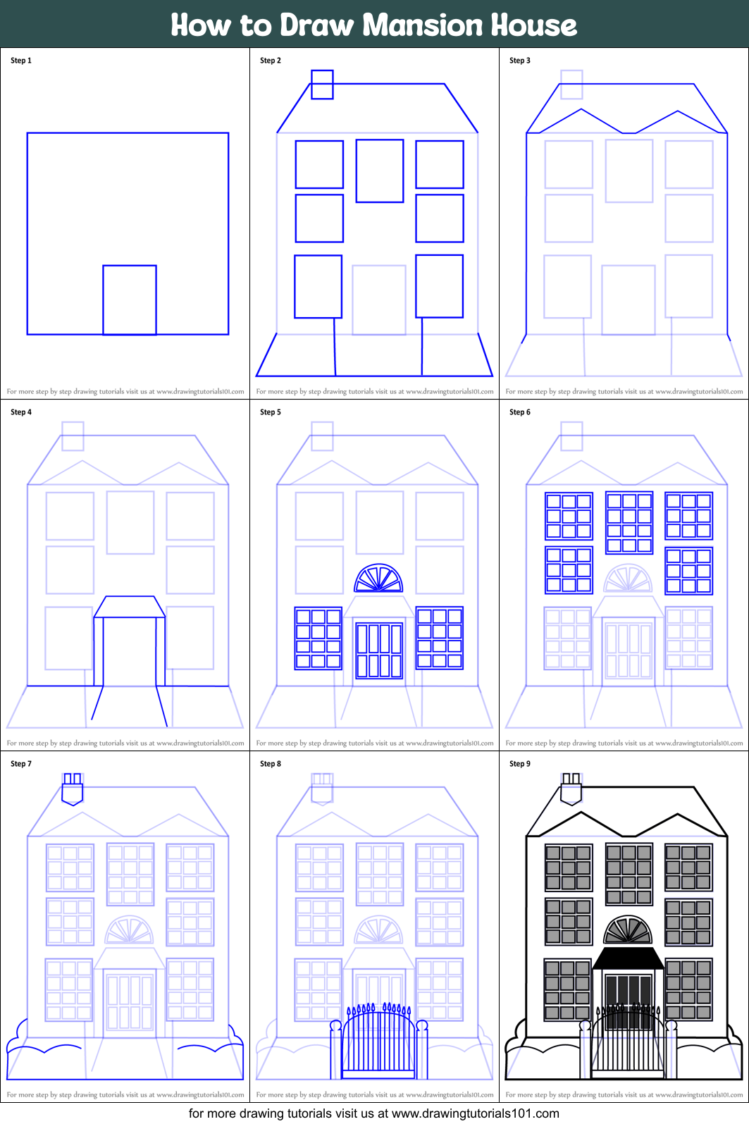 How to Draw Mansion House printable step by step drawing 