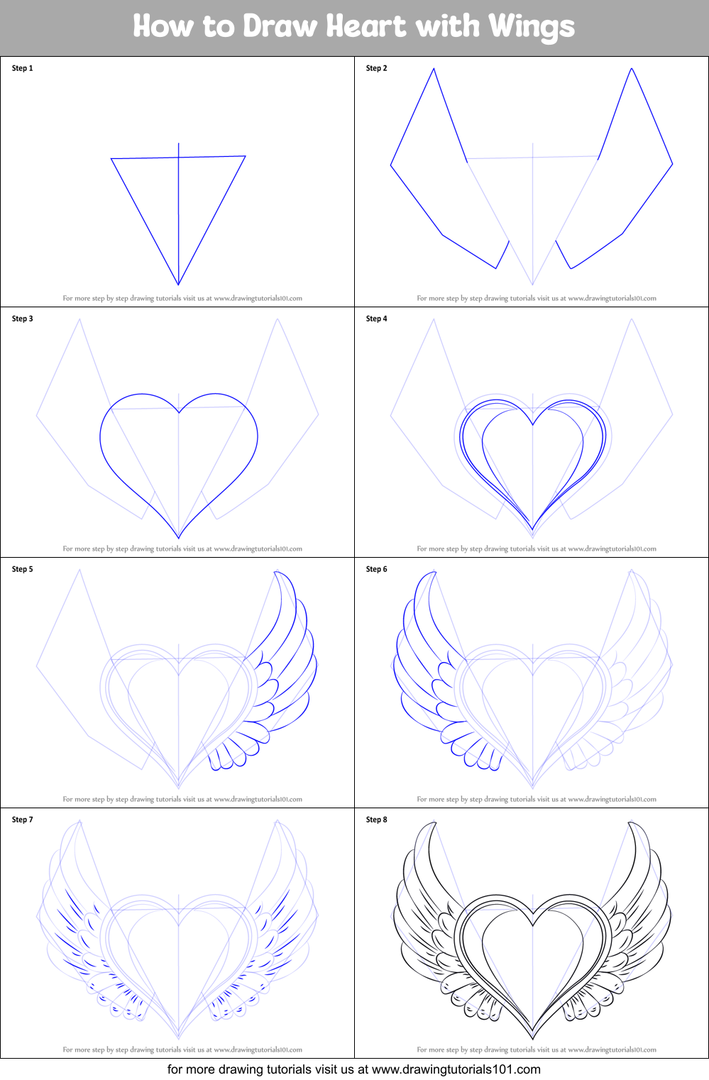 How to Draw Heart with Wings printable step by step drawing sheet