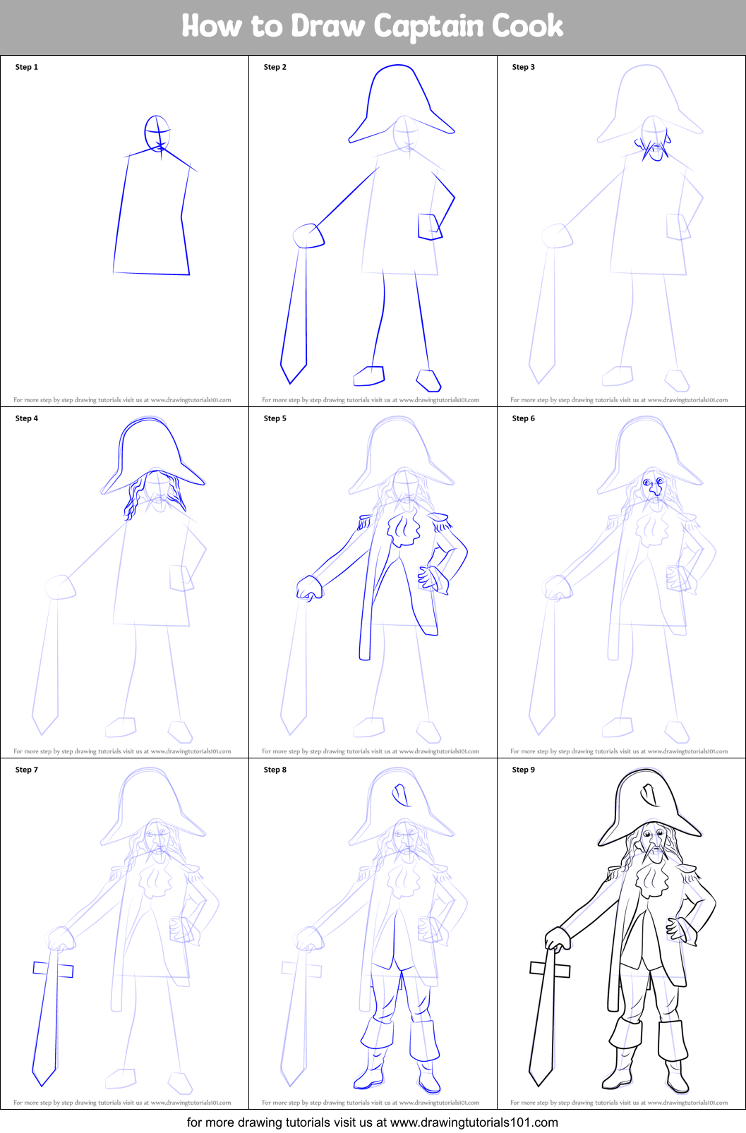 How to Draw Captain Cook Printable Step by Step