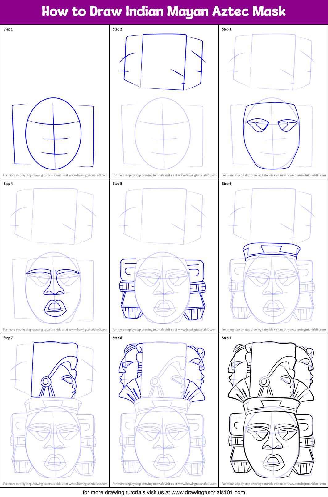How to Draw Indian Mayan Aztec Mask Printable Step by Step