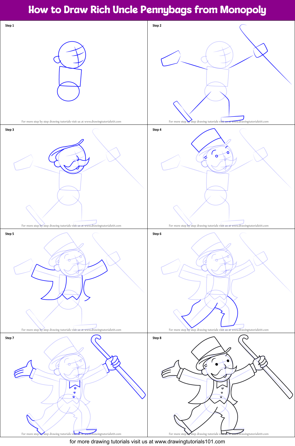 How to Draw Rich Uncle Pennybags from Monopoly Printable Step by Step