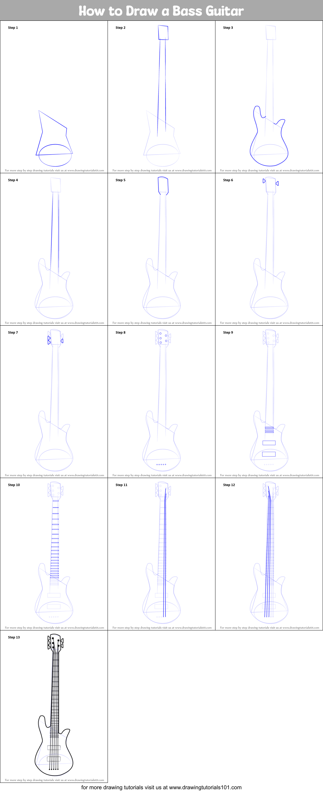 How to Draw a Bass Guitar printable step by step drawing