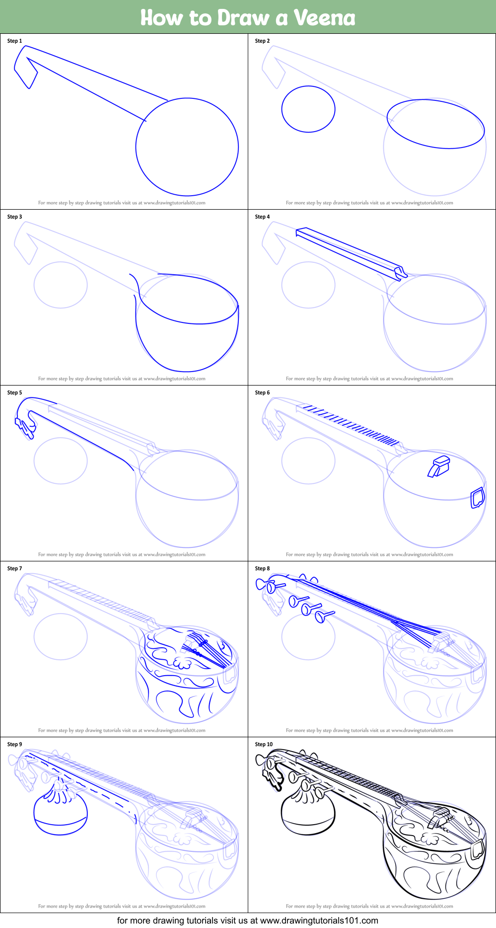 How to Draw a Veena printable step by step drawing sheet 