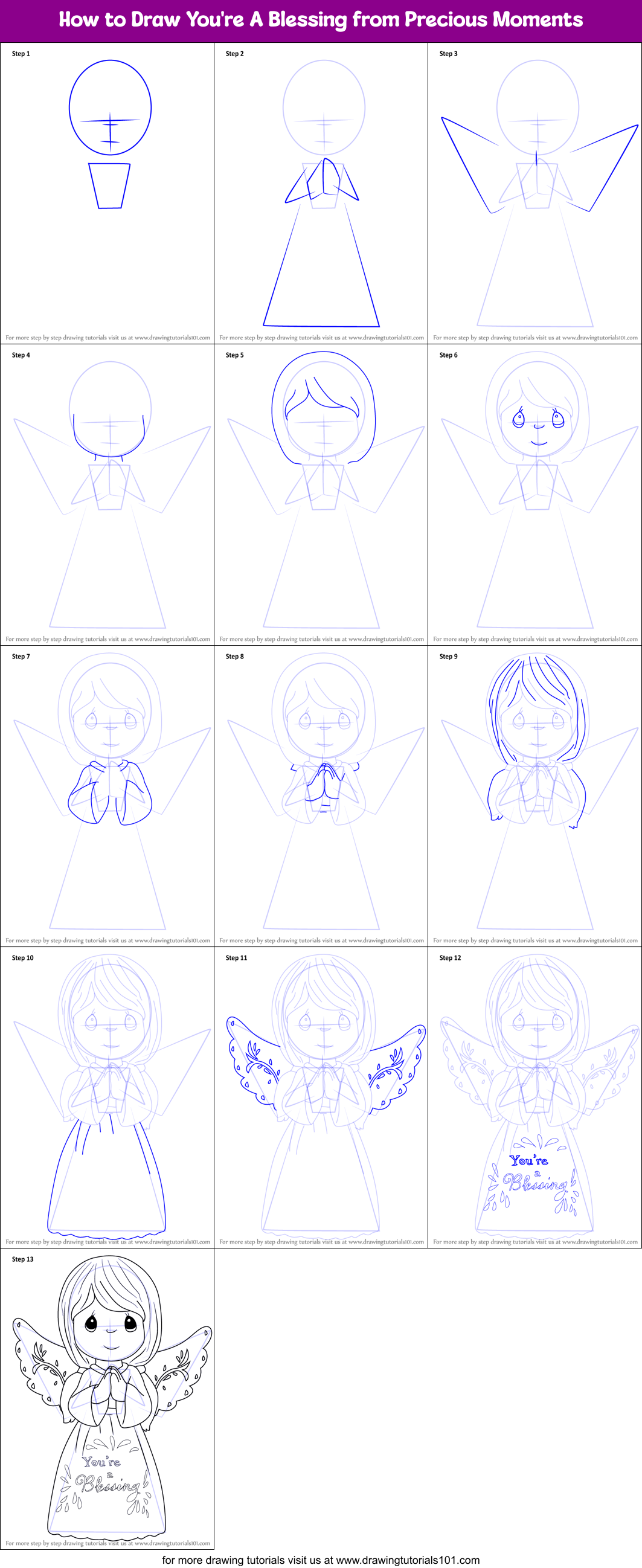 How to Draw You're A Blessing from Precious Moments Printable Step by Step
