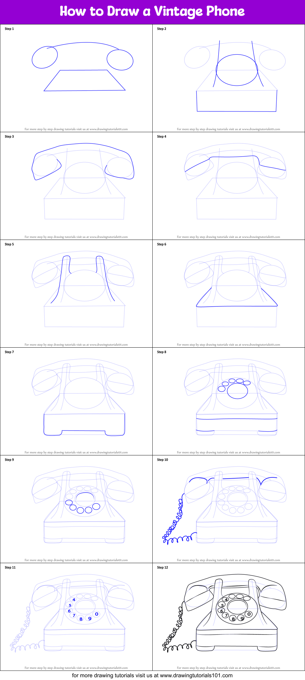 How to Draw a Vintage Phone Printable Step by Step