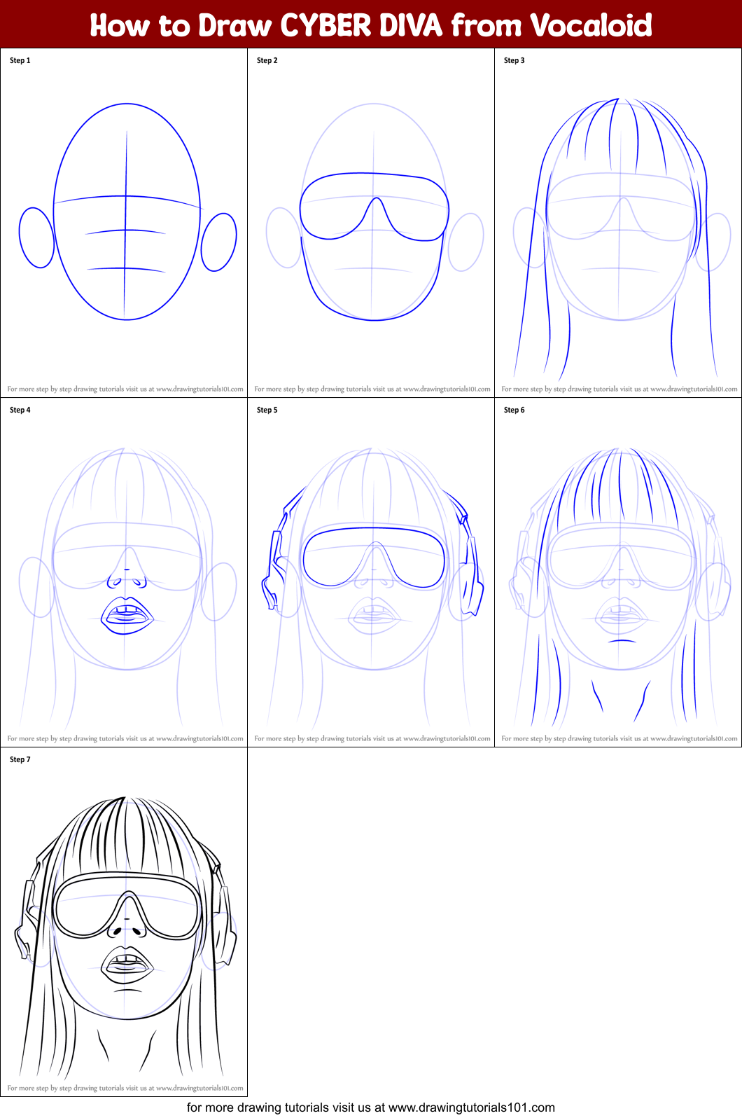 How to Draw CYBER DIVA from Vocaloid Printable Step by Step
