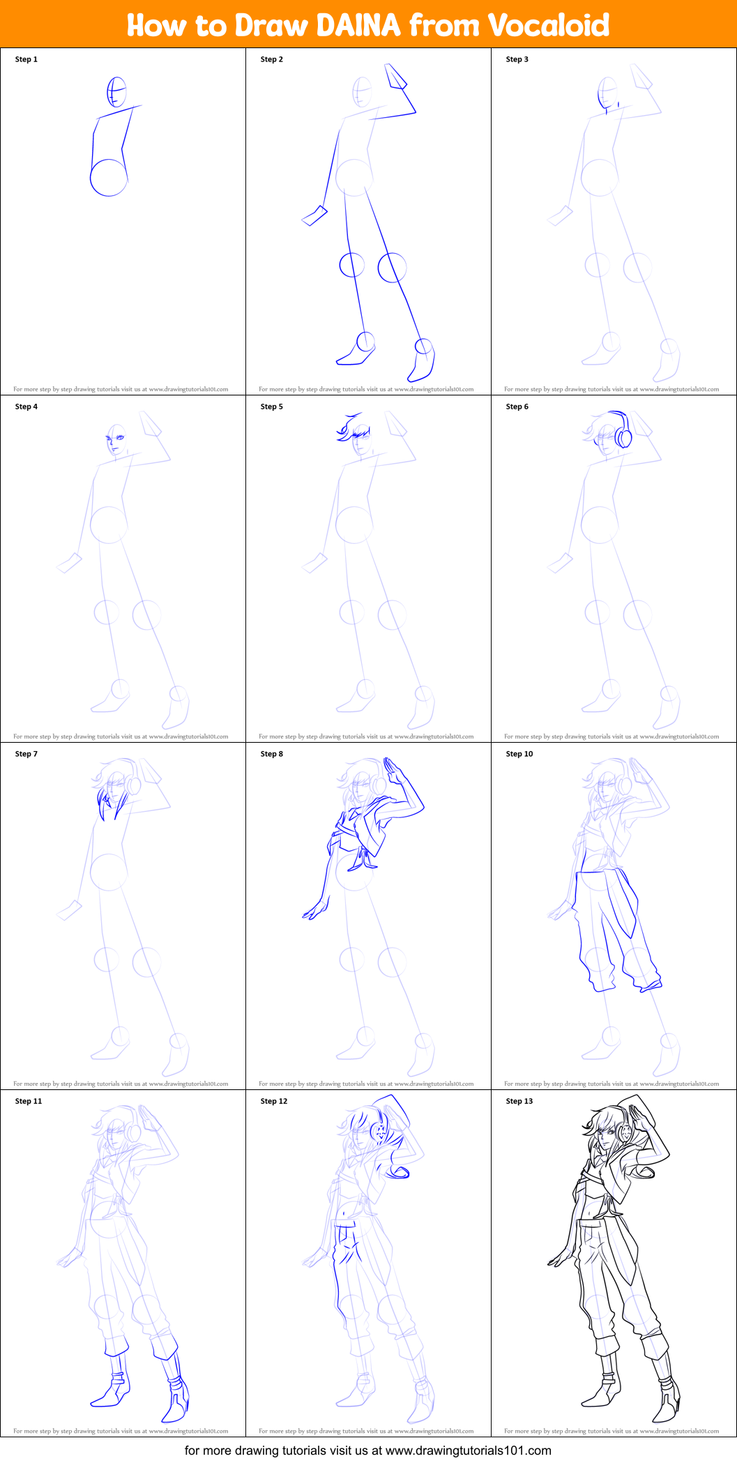 How to Draw DAINA from Vocaloid Printable Step by Step