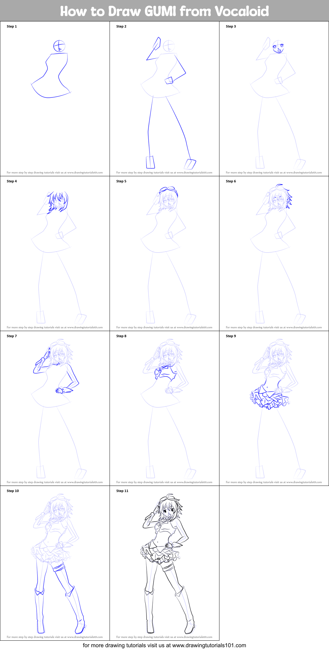 How to Draw GUMI from Vocaloid Printable Step by Step