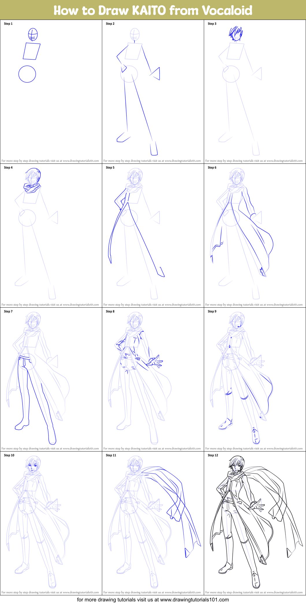 How to Draw KAITO from Vocaloid Printable Step by Step