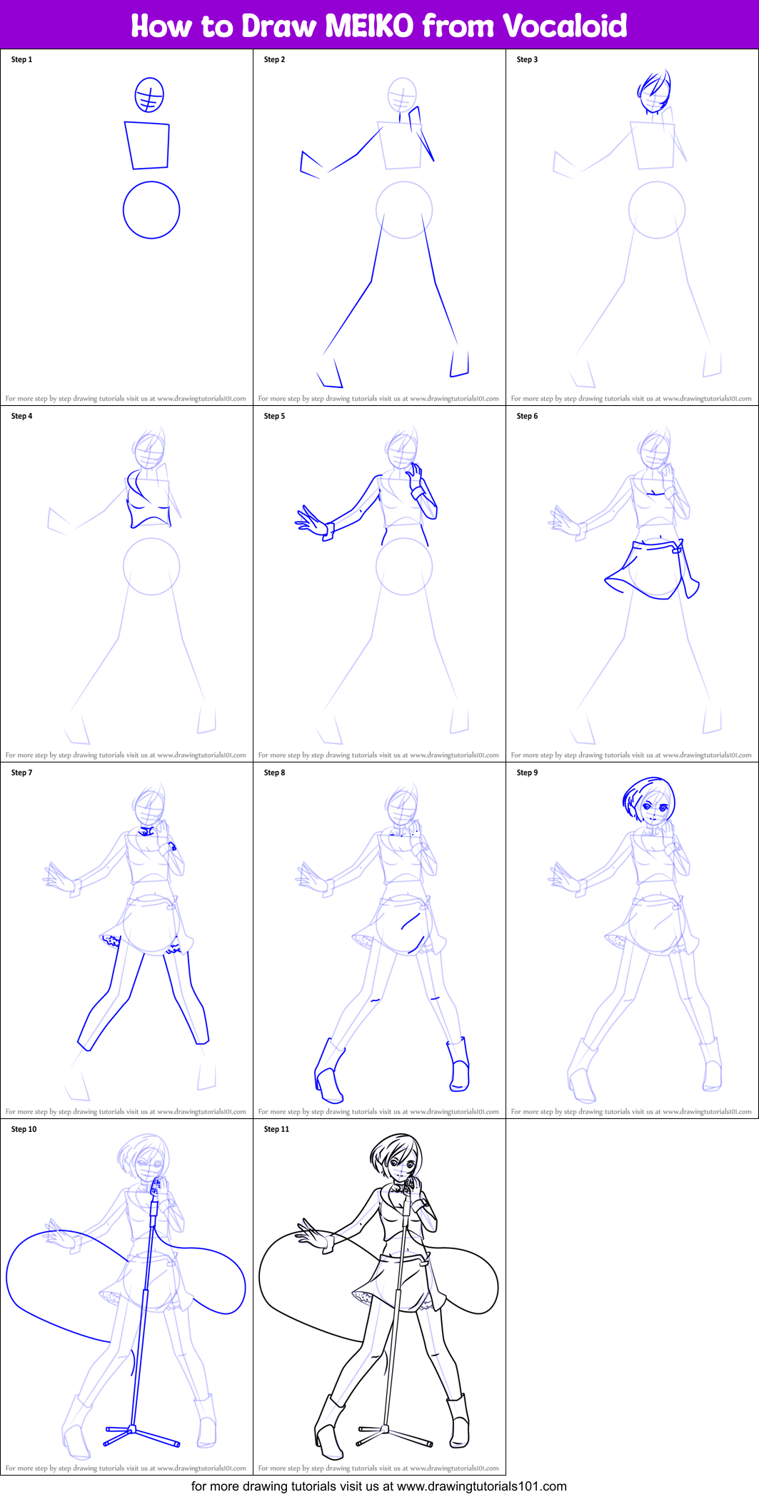 How to Draw MEIKO from Vocaloid Printable Step by Step