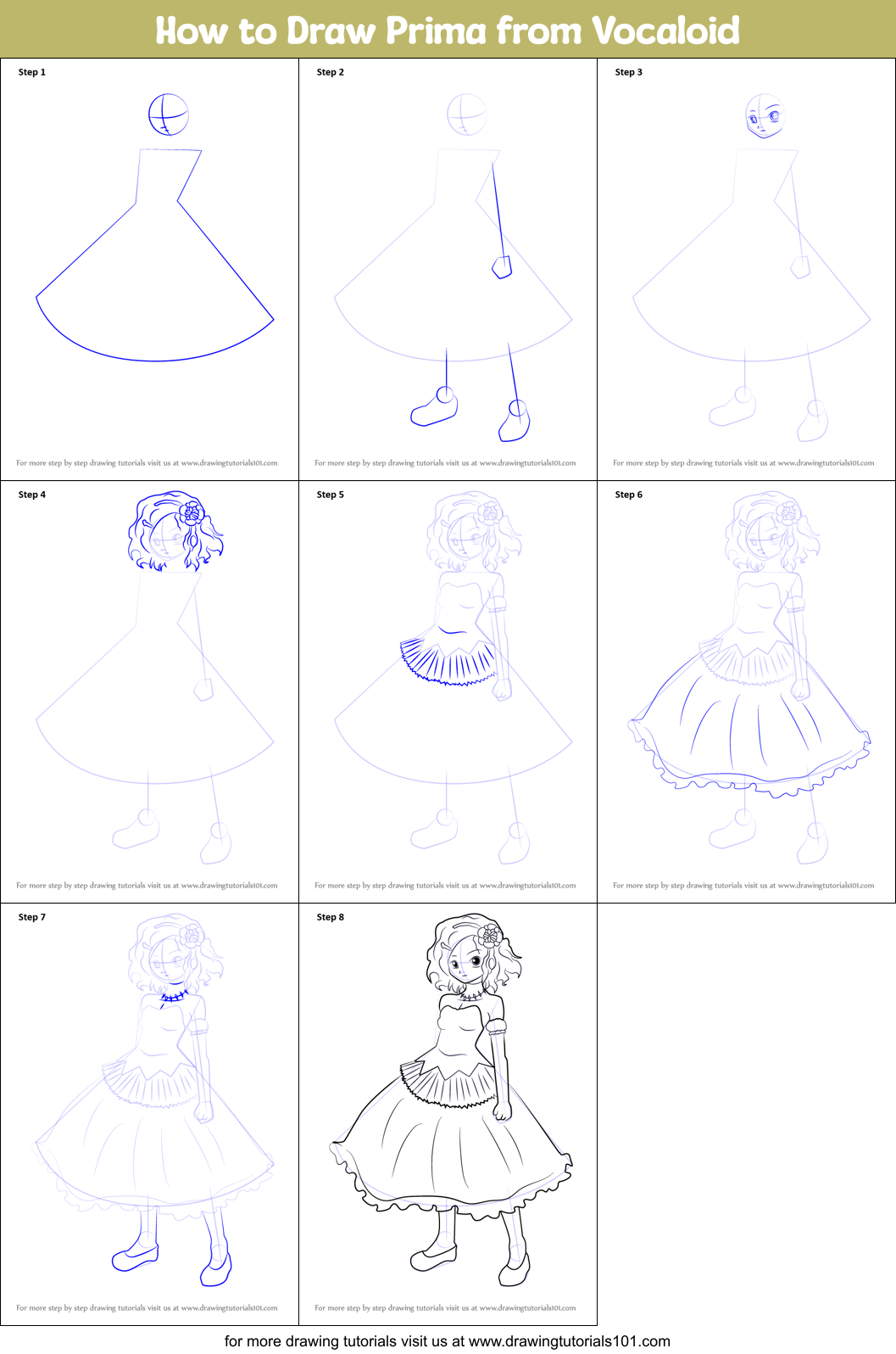 How to Draw Prima from Vocaloid Printable Step by Step