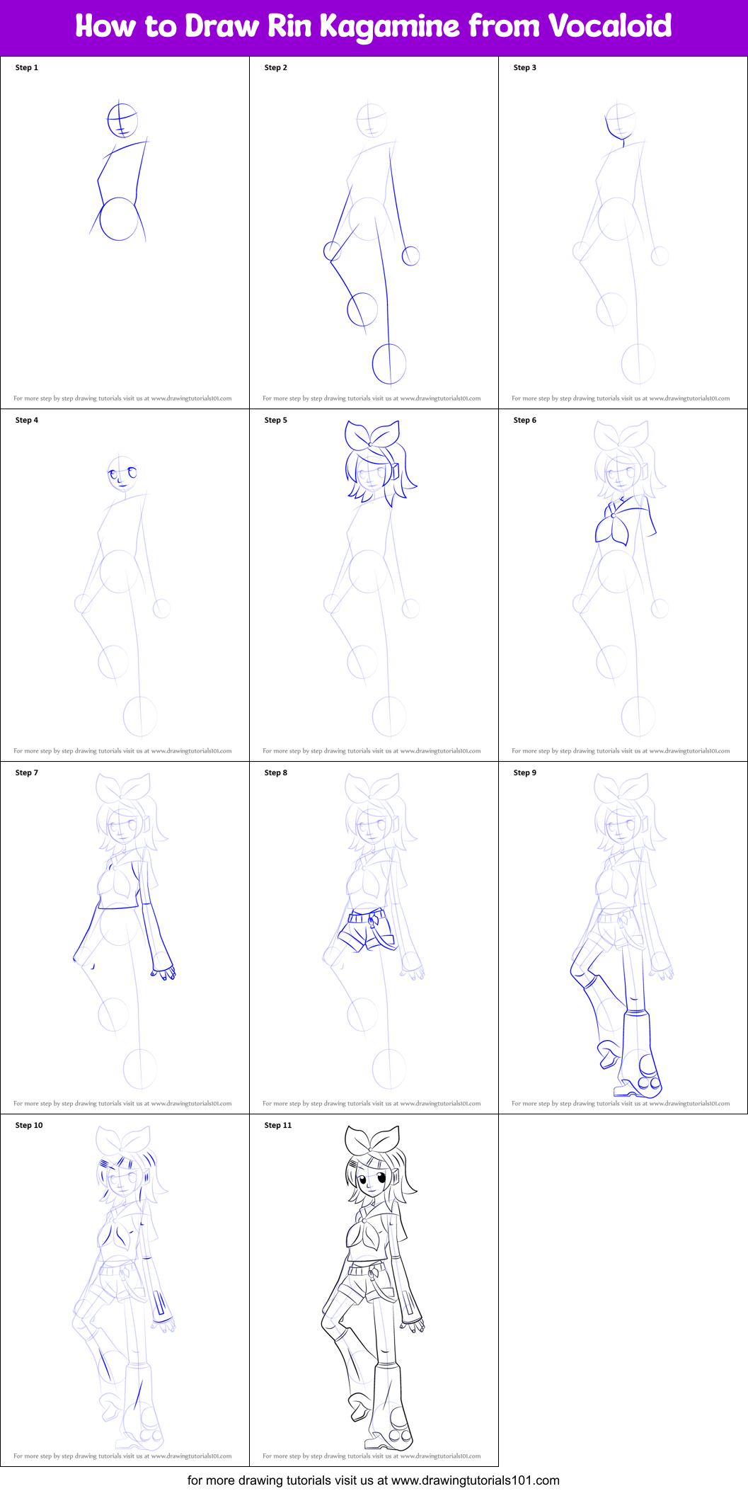 How to Draw Rin Kagamine from Vocaloid Printable Step by Step