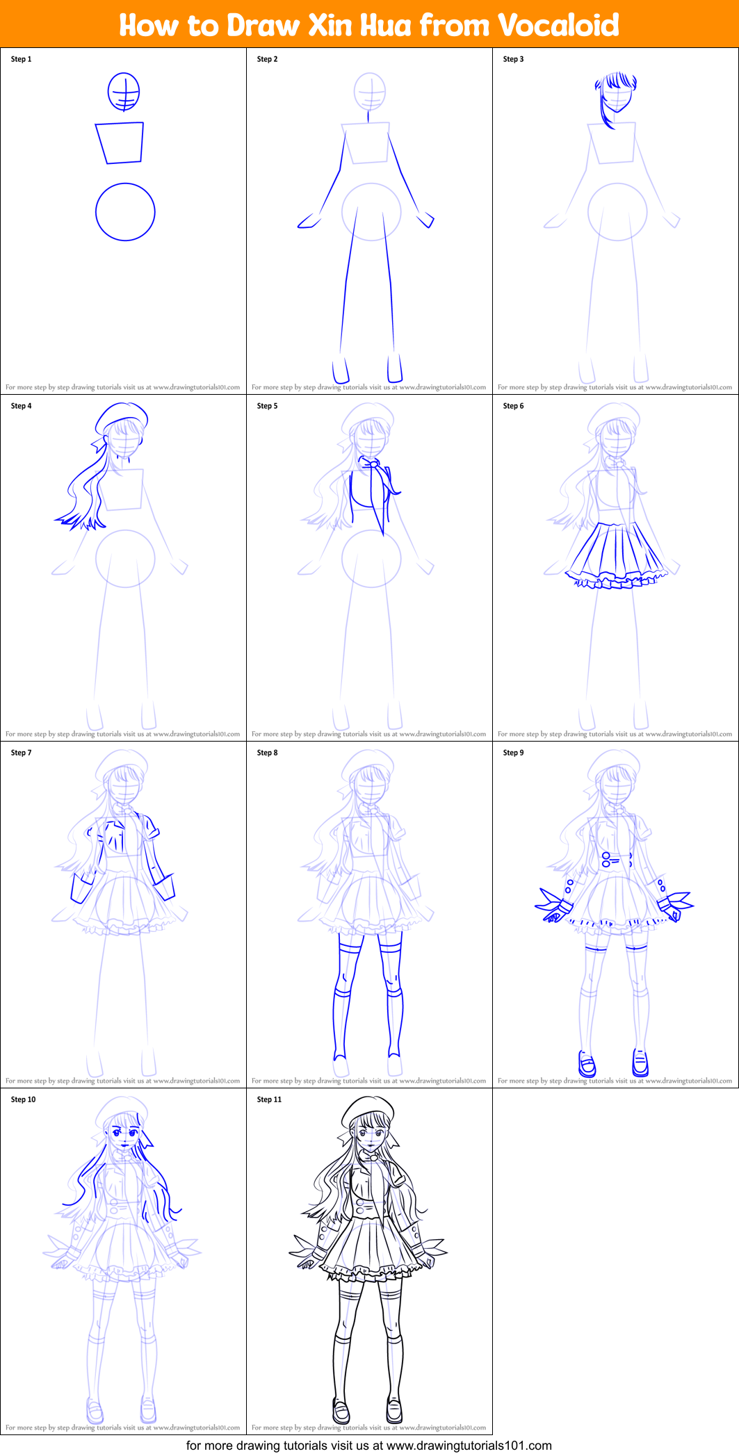 How to Draw Xin Hua from Vocaloid Printable Step by Step
