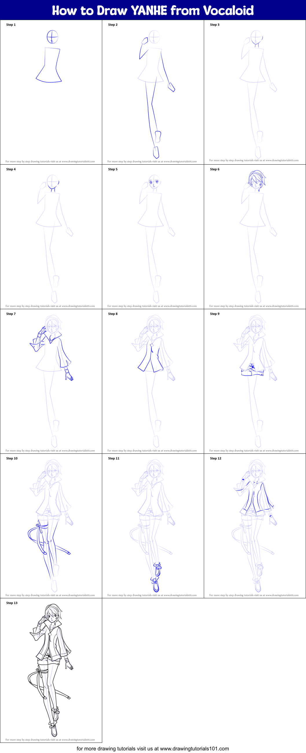 How to Draw YANHE from Vocaloid Printable Step by Step