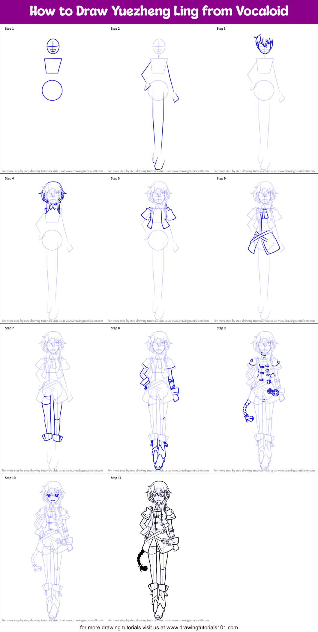 How to Draw Yuezheng Ling from Vocaloid Printable Step by Step