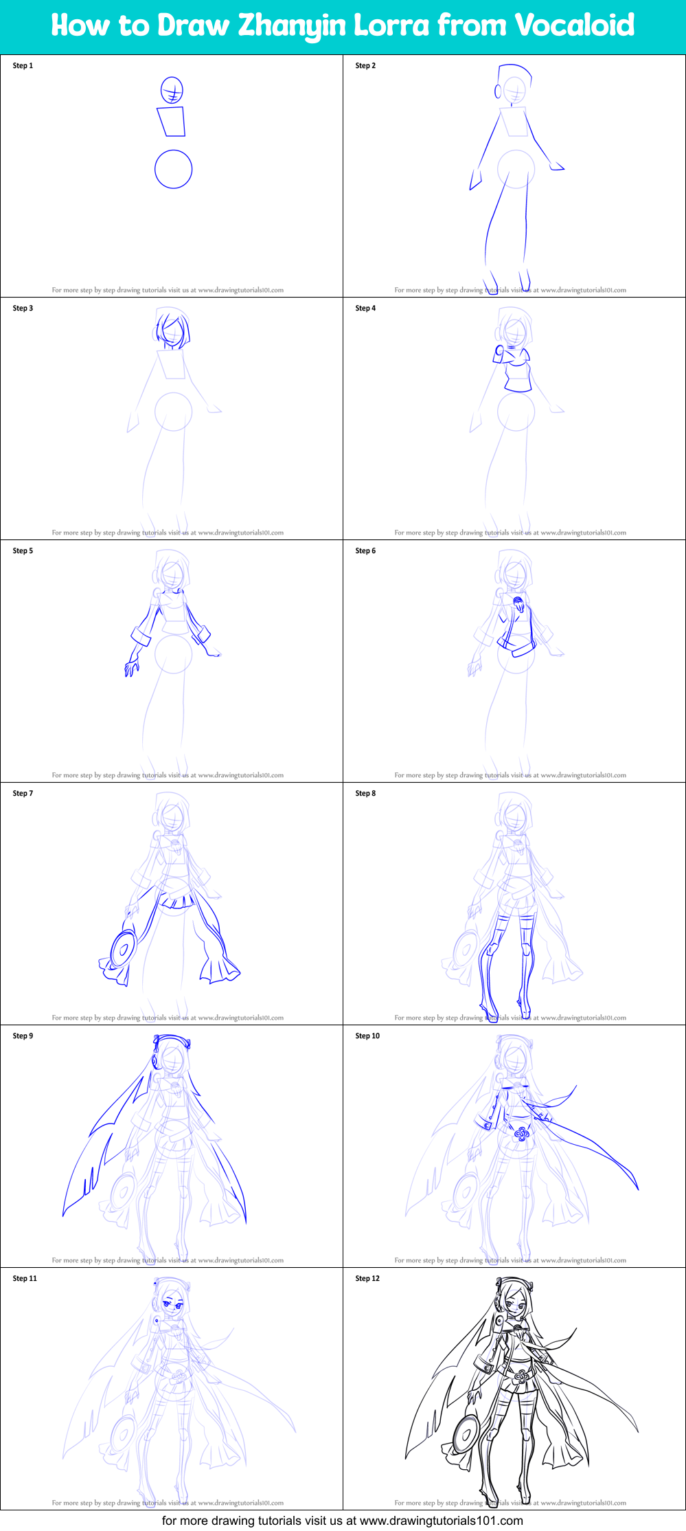 How to Draw Zhanyin Lorra from Vocaloid Printable Step by Step