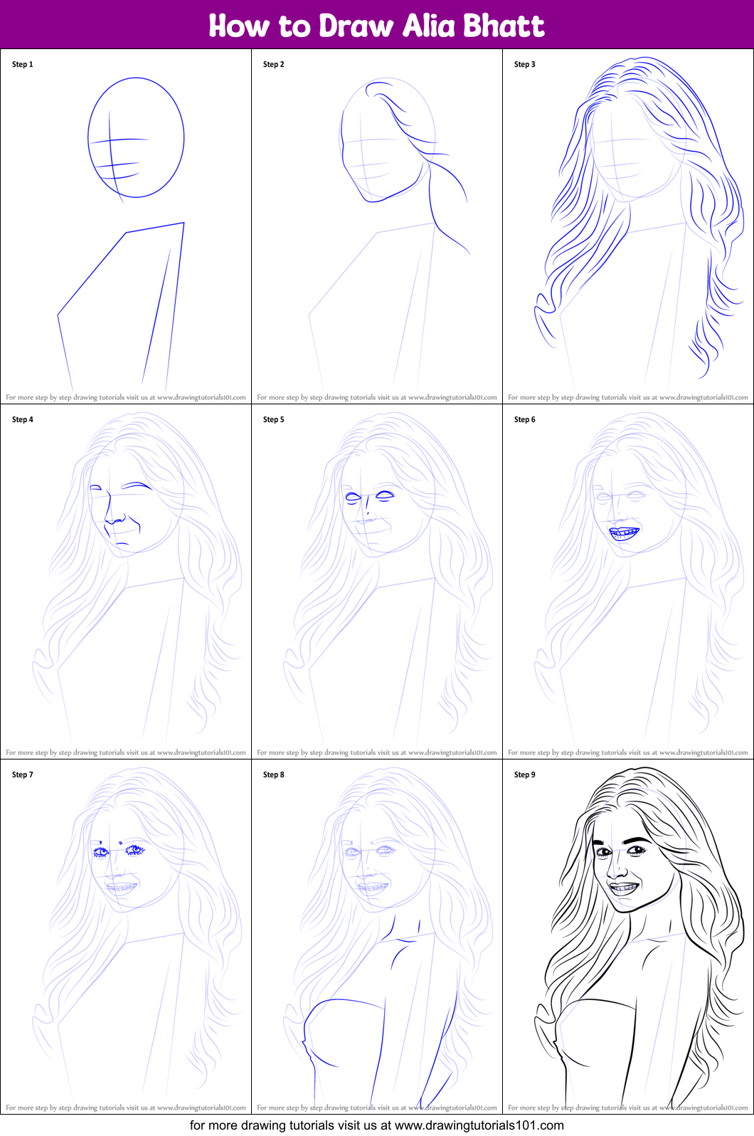 How to Draw Alia Bhatt Printable Step by Step