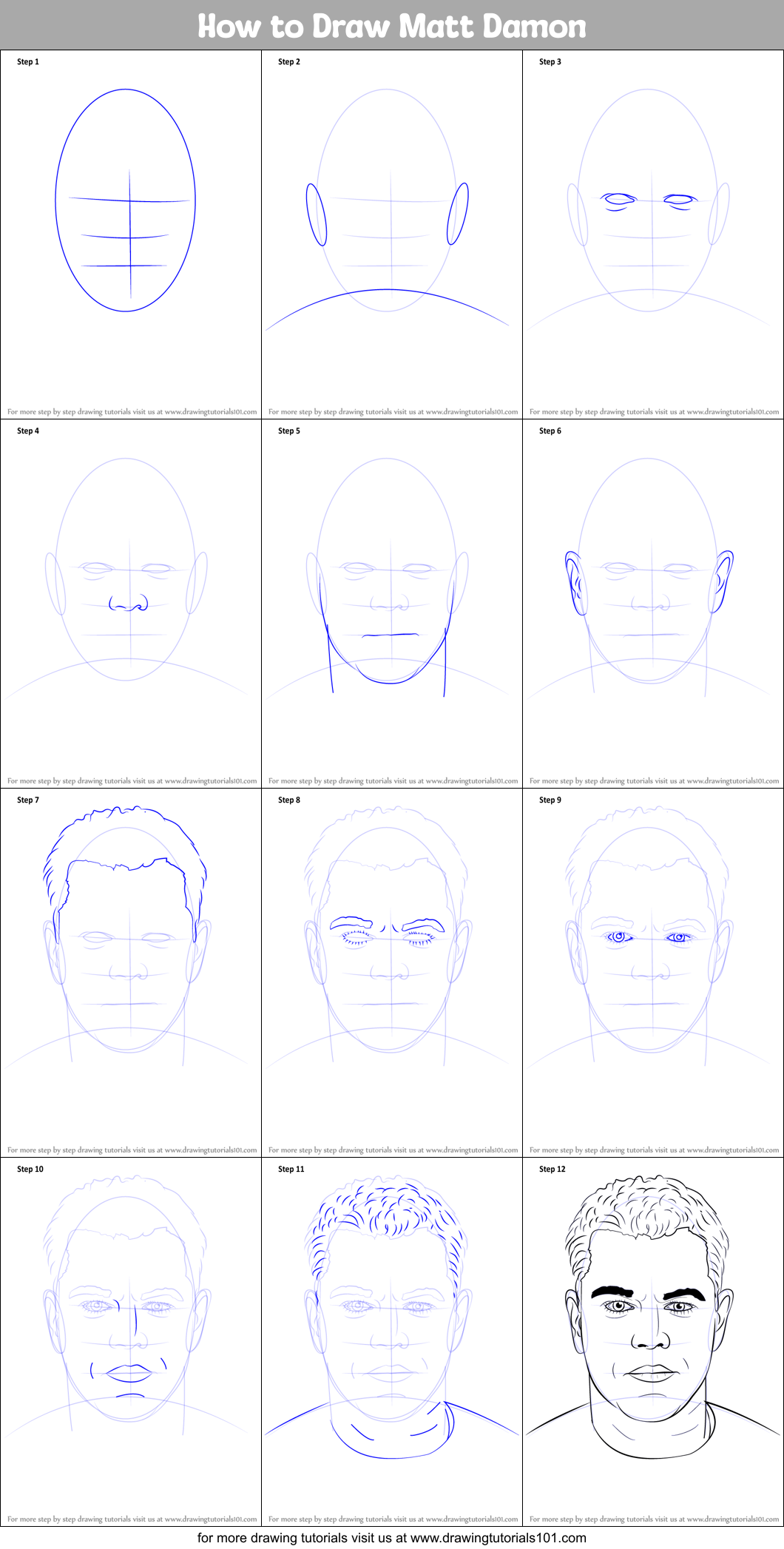 How to Draw Matt Damon Printable Step by Step
