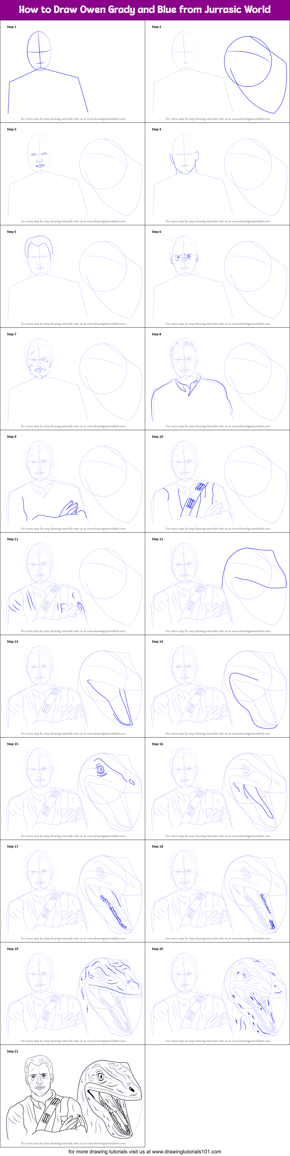 How to Draw Owen Grady and Blue from Jurrasic World Printable Step by Step