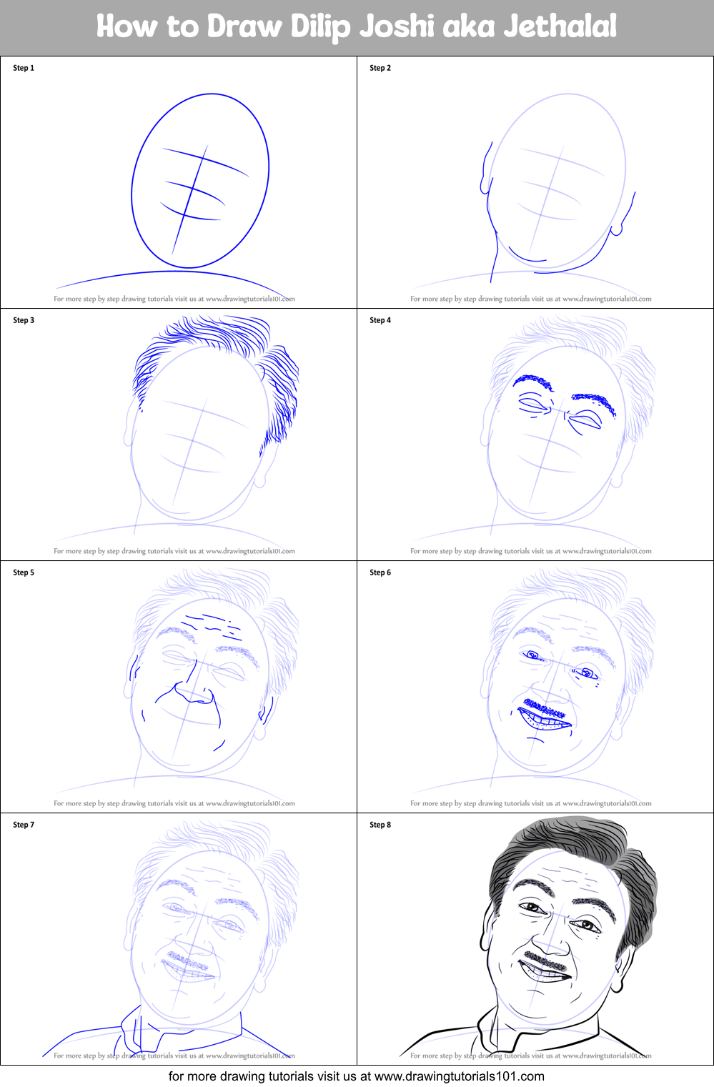 How to Draw Dilip Joshi aka Jethalal Printable Step by Step