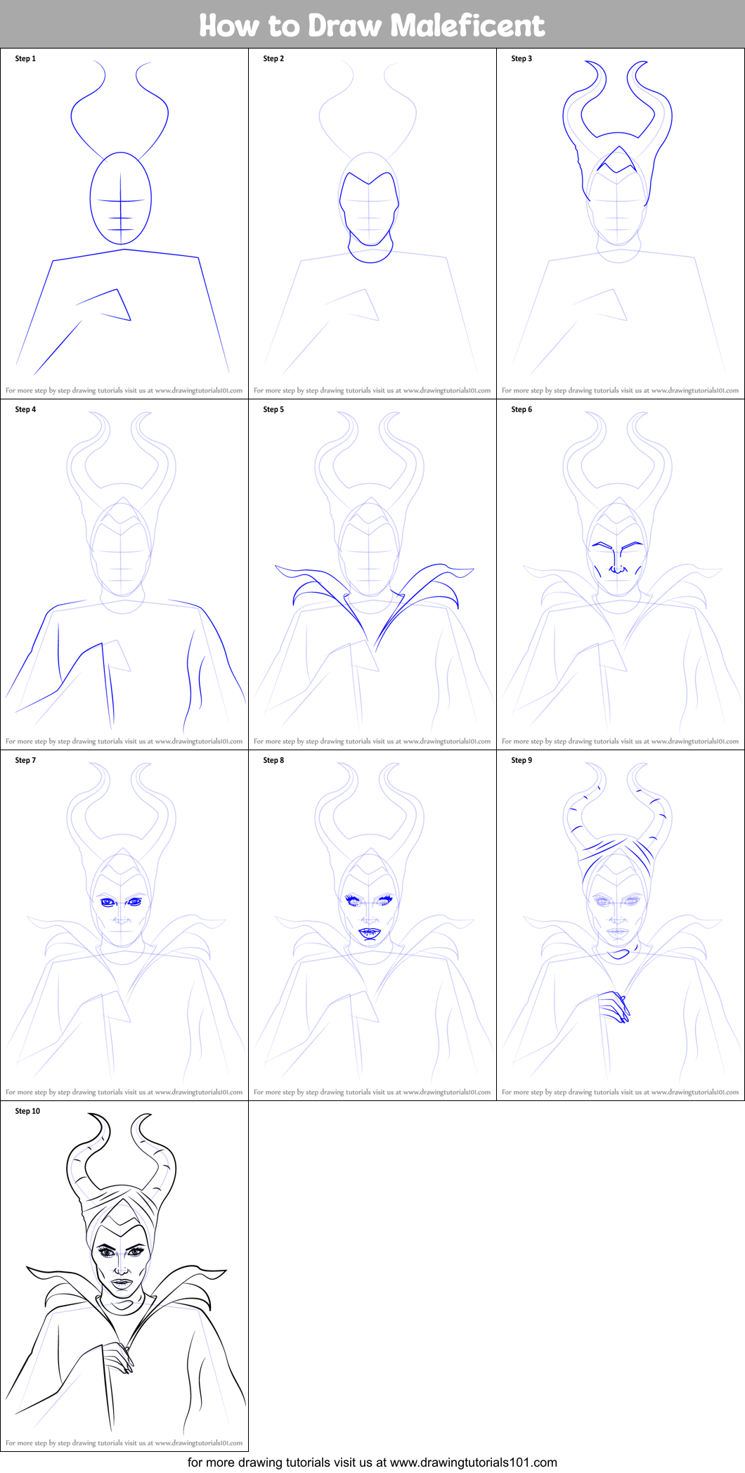 How to Draw Maleficent printable step by step drawing sheet
