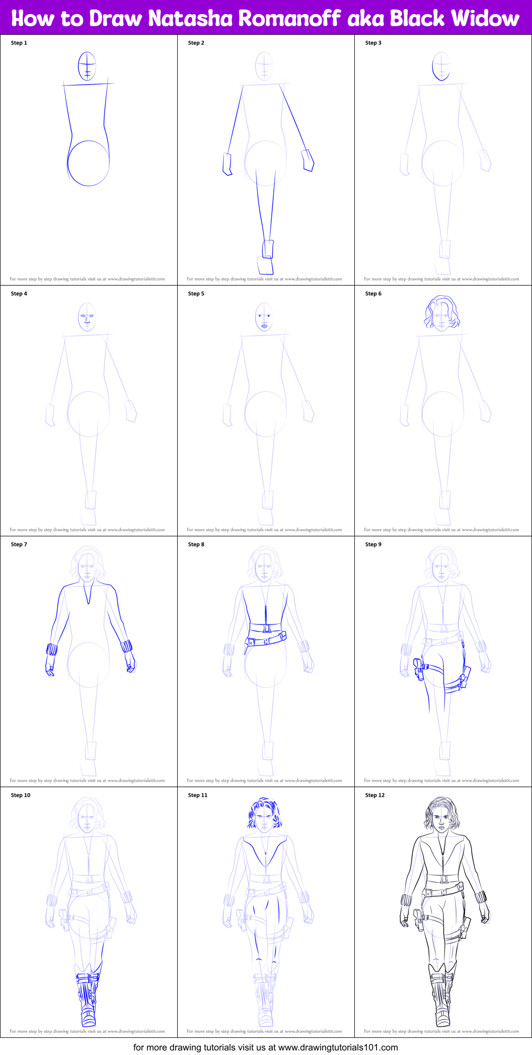 How to Draw Natasha Romanoff aka Black Widow Printable Step by Step