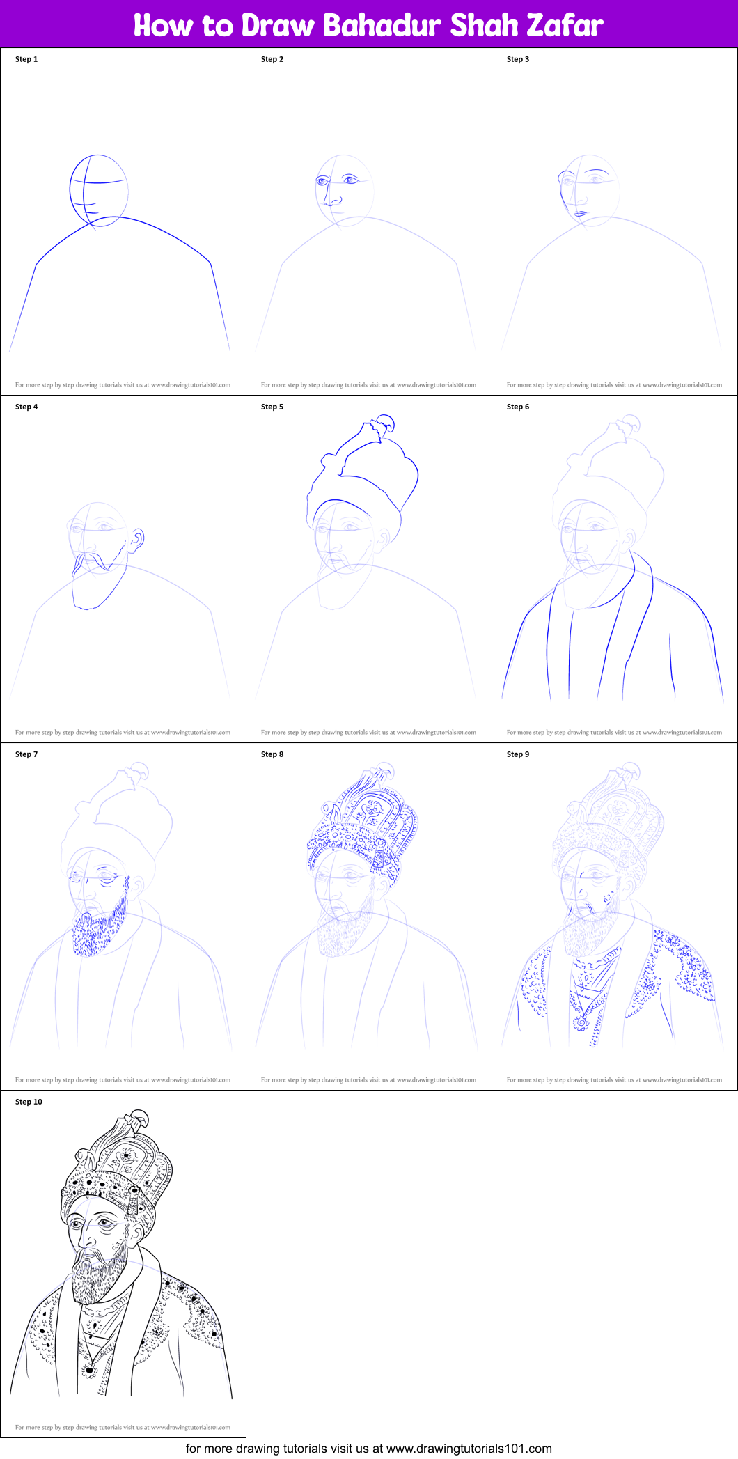 How to Draw Bahadur Shah Zafar Printable Step by Step