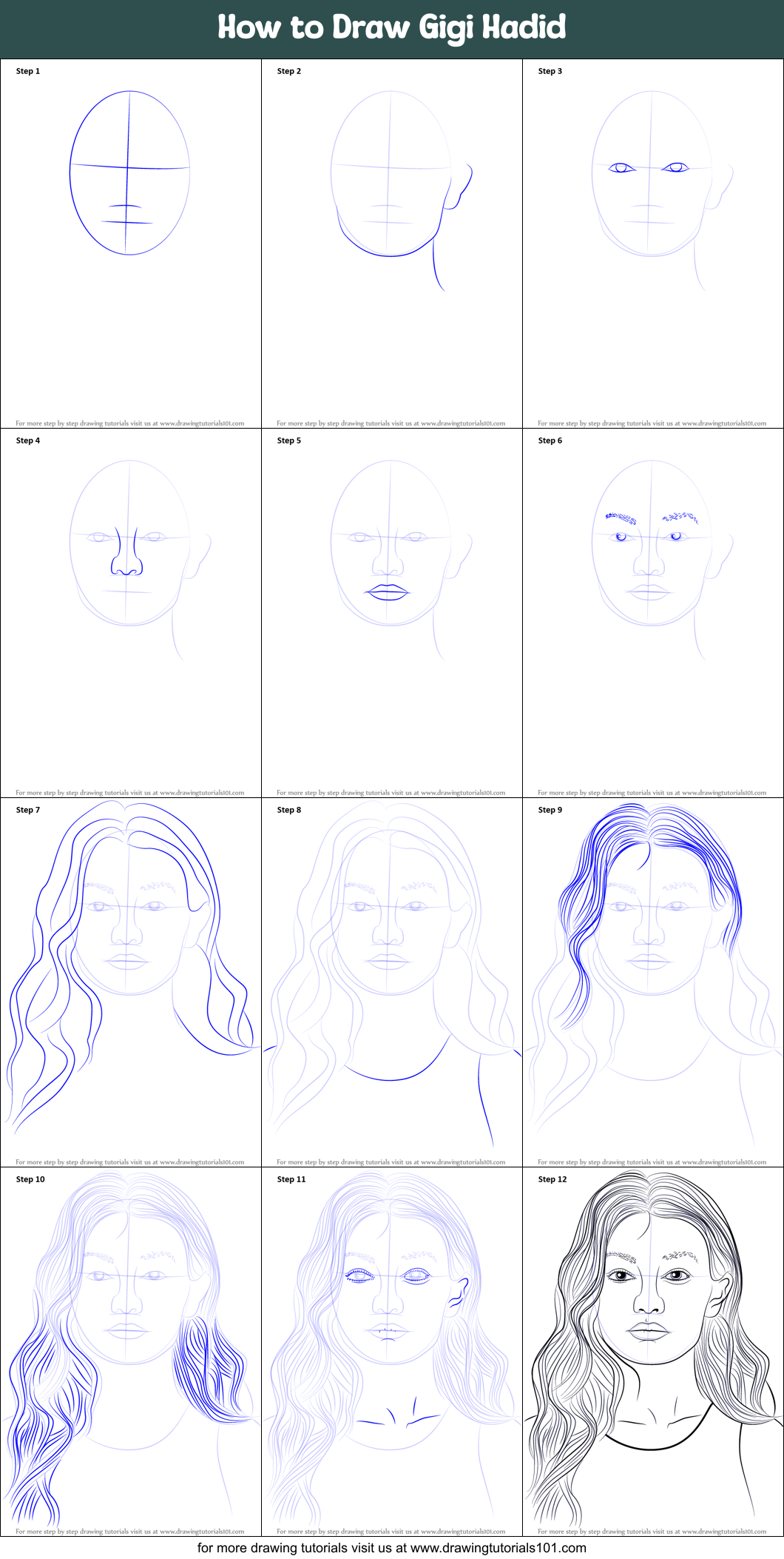 How to Draw Gigi Hadid Printable Step by Step