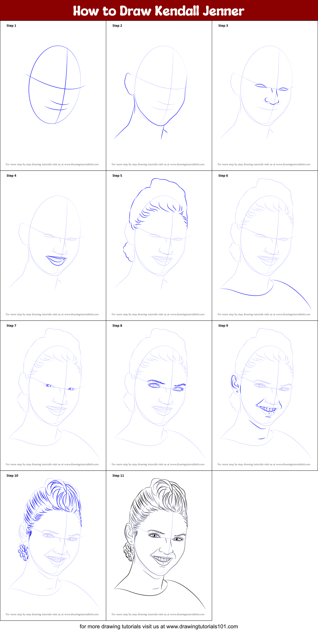How to Draw Kendall Jenner Printable Step by Step