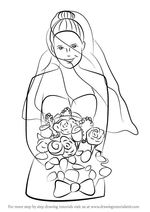 Learn How to Draw a Bride with Flowers (Girls) Step by Step : Drawing