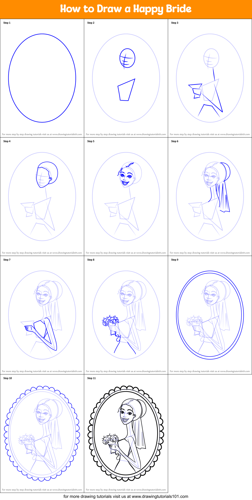 How to Draw a Happy Bride Printable Step by Step