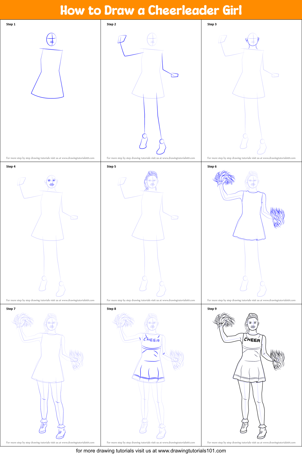 How To Draw A Cheerleader Girl Other Occupations Step By Step