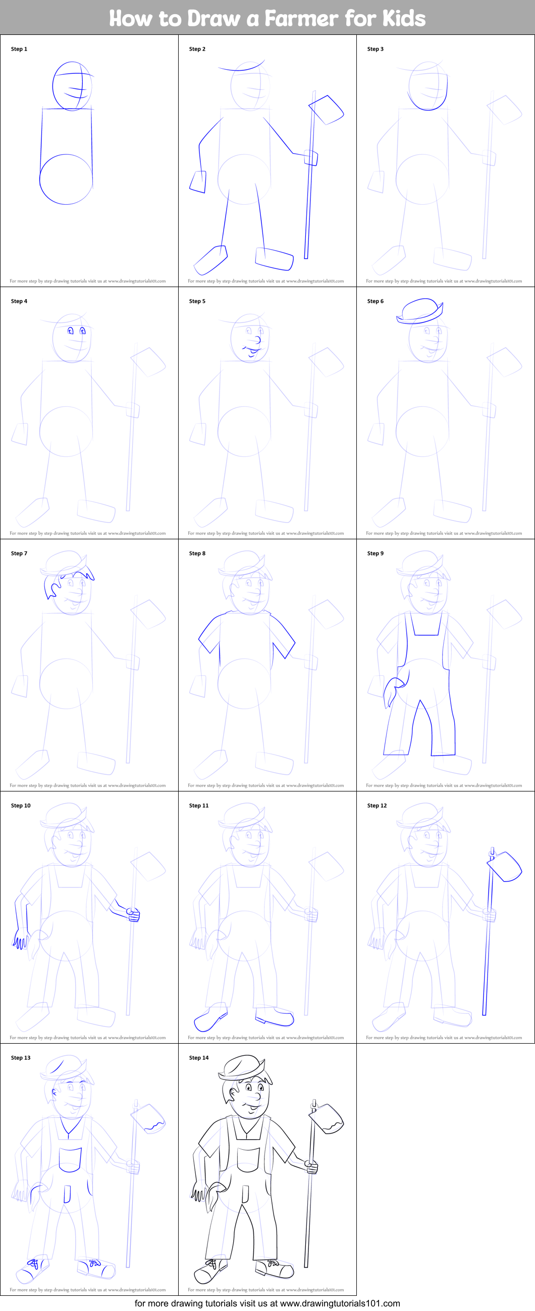 How to Draw a Farmer for Kids Printable Step by Step